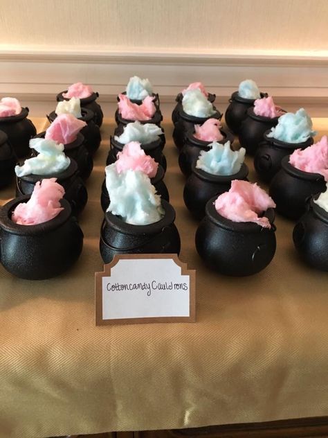 Halloween Gender Reveal Dessert, Halloween Gender Reveal Snack Ideas, Fall Gender Reveal Party Favors, Couldren Gender Reveal, Witch Will It Be Gender Reveal, Halloween Gender Reveal Party Favors, A Little Boo Is Due Baby Shower Ideas Food, Harry Potter Cotton Candy, Spooky Cotton Candy