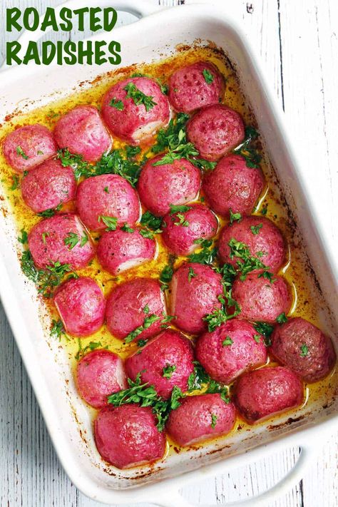 These roasted radishes are delicious! Roasting downplays their sharpness and brings out a pleasant creaminess. Roasted Radishes Recipe, Radishes Recipe, Radish Recipe, Simple Eating, Roasted Radishes, Radish Recipes, Keto Candy, Savory Food, Garden Vegetables