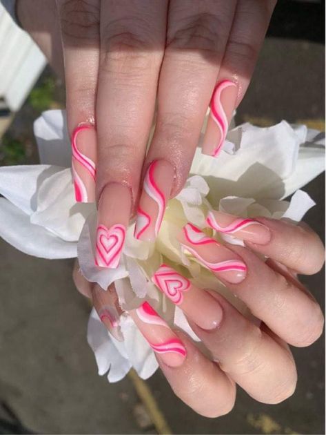 Nail design Pink And Red Swirl Nails, Swirly Nails, Cute Gel Nails, Pink Acrylic, Pink Acrylic Nails, Oval Nails, Heart Nails, Swirl Pattern, Best Acrylic Nails