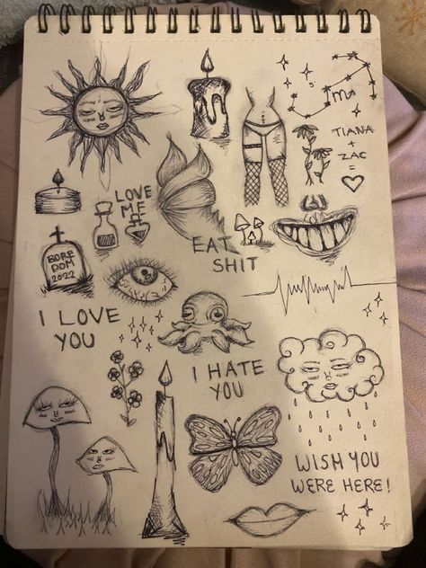 doodlessketchdrawingeyeoctopusbutterflycandleflowermushroomcloudsunwings Doodle Drawings Butterfly, Drawing Ideas For Shirts, Flower With An Eye Drawing, Things To Draw On Your Thigh Easy, Cool Art Doodles, Candles Aesthetic Drawing, Art Book Drawings, Aestethic Doodles, East Drawing Aesthetic