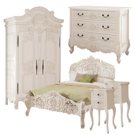 The Rococo Bedroom Set with wardrobe epitomizes antique French luxury. Made from fine mahogany wood and finished in elegant white, this set showcases exquisite, ornate details. This bedroom set transforms any space into a timeless sanctuary of sophistication and charm.    Rococo Bedside Table x2      Height: 74cm   Width: 38cm   Depth: 30cm      Rococo Chest of Drawers      Height: 83cm   Width: 100cm   Depth: 50cm      Rococo Wardrobe (Large)      Height: 226cm   Width: 137cm   Depth: 66cm      Rococo Bed (King)      Headboard Height: 150cm   Footboard Height: 65cm   Width: 178cm   Depth: 227cm   Under Bed Storage Height: 22cm      Please call our office for a custom bundle deal (01642 455589)       Design may alter, as each item is handmade   Rococo Antique French Bedside Table x2   Roco Modern Rococo Bedroom, Rococo Room Decor, White Antique Bedroom, French Rococo Bedroom, French Antique Bedroom, Elegant Beds, Rococo Bedside Table, Rococo Room, Rococo Bedroom