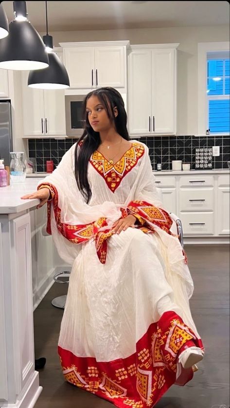 Red Habesha Kemis, Simple Habesha Kemis, Zuria Habesha Dress, Eritrean Clothing, Ethiopian Dresses, Ethiopian Wedding Dress, Cultural Outfits, Aesthetic Culture, Eritrean Dress