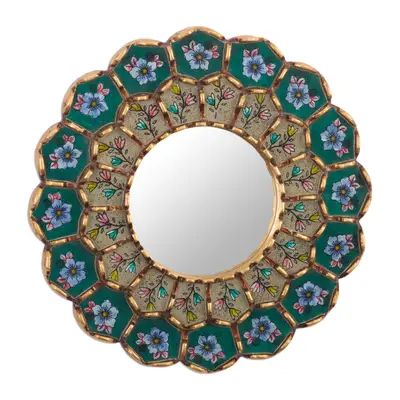 Emerald Reverse-Painted Glass Wood Wall Mirror from Peru - Idyllic Emerald Garden | NOVICA Reverse Painted Glass, Master Artists, Baroque Art, Wood Wall Mirror, Gift Suggestions, Reverse Painted, Beautiful Mirrors, Baroque Fashion, Premium Gift