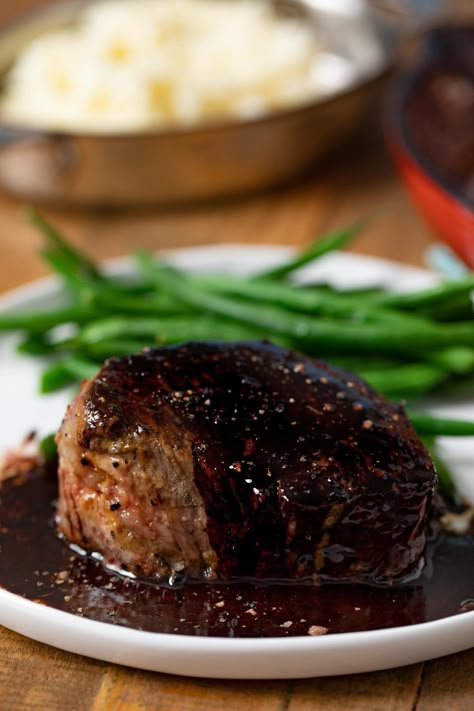 Filet Mignon with Red Wine Reduction is a tender, mouthwatering recipe that's cooked in the oven in under 10 minutes and perfect for any special occasion. #dinner #filetmignon #redwine #winesauce #steak #dinnerthendessert Demi Glaze Recipe, Red Wine Reduction Sauce, Red Wine Reduction, Filet Mignon Recipes, Dinner Then Dessert, Steak Dishes, Cooking The Perfect Steak