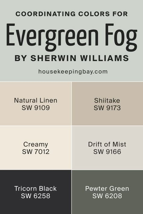 Evergreen Fog SW 9130 by Sherwin Williams | Coordinating Colors Natural Linen Color Palette, Drift Of Mist Coordinating Colors, Tricorn Black Color Palette, Sw Shiitake, Best Trim Color, Sherwin Williams Shiitake, Pewter Green Sw, Drift Of Mist, Sherwin Williams Coordinating Colors