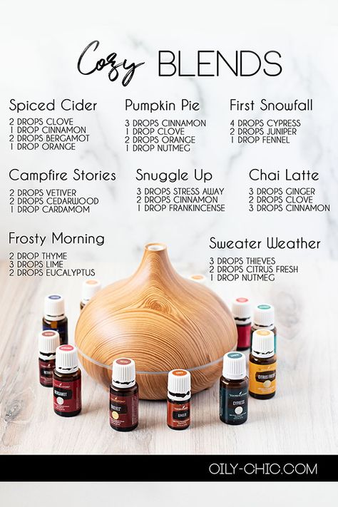 Diffuser Blends are the Easiest Way to Enjoy Cozy Season Scents! Use our cozy infused essential oil blend printable to start now. Fall Essential Oils, Oils For Hair, Benefits Of Essential Oils, Essential Oil Combinations, Essential Oil Diffuser Blends Recipes, Young Living Essential Oils Recipes, Essential Oils Guide, Essential Oils Herbs, Essential Oil Diffuser Recipes