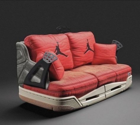 Jordan Furniture, Sneakerhead Bedroom, Versace Furniture, Shoe Chair, Sneakerhead Room, Jordan Logo Wallpaper, Room Cooler, Jordan Sneaker, Dream House Rooms