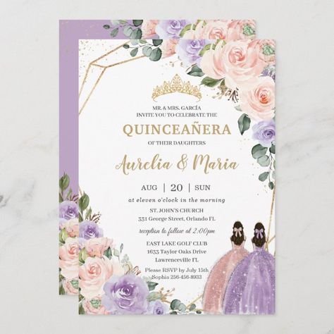 Quinceañera Lilac Blush Floral Rose Gold Twins Invitation - tap to personalize and get yours #Invitation #quincea&241;era #15th #birthday #invitation, #elegant Invitations Quinceanera, Princess Invitation, Quince Invitations, Silver Invitation, Floral Tiara, Princess Invitations, Sage Green Floral, Quinceanera Party, Invitations Diy