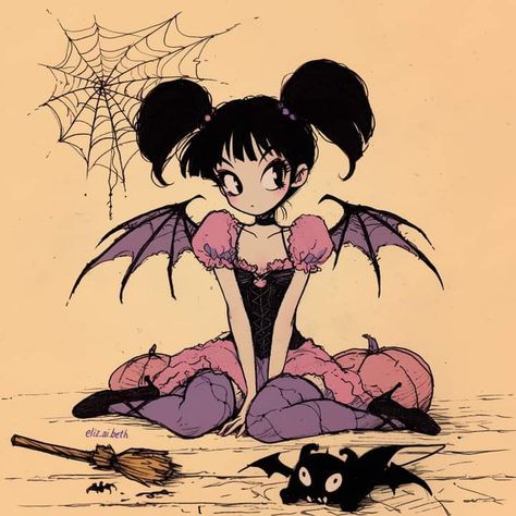 Witch Movie Characters, Bat Pfp Drawing, Kawaii Halloween Pfp, Pink Halloween Pfp, Kawaii Goth Pfp, Halloween Pfp Cute, Cute Goth Art, Cute Creepy Aesthetic, Goth Cartoon Characters