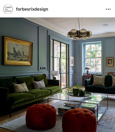 Green And Blue Mid Century Living Room, Light Teal Living Room, Green Couch Blue Walls, Green Sofa Inspiration, Teal Grey Living Room, Blue Green Living Room, Green And Blue Living Room, Living Room Designs Eclectic, Aqua Living Room