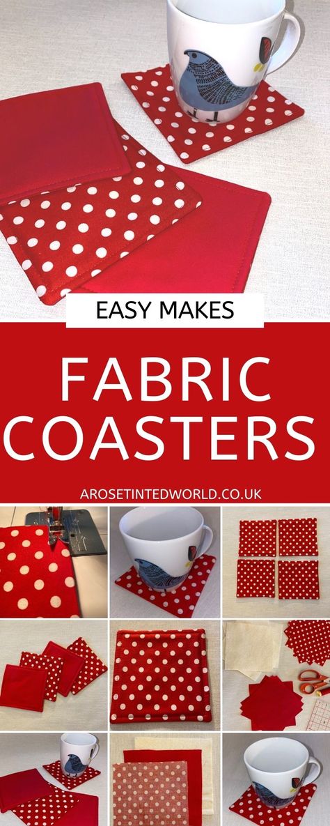 How To Make Easy Fabric Coasters ⋆ A Rose Tinted World Holiday Fabric Crafts, Simple Mug, Mug Rug Tutorial, Quilted Coasters, Halloween Sewing, Mug Rug Patterns, Holiday Sewing, Sewing Machine Projects, Scrap Fabric Projects