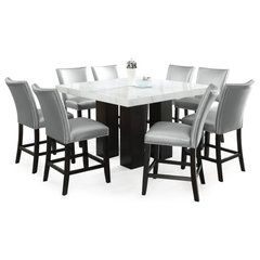 Camila Square Counter Height Dining Set - Transitional - Dining Sets - by Steve Silver | Houzz Metal Frame Chair, Transitional Dining, Faux Leather Chair, Tempered Glass Table Top, Counter Height Chairs, Silver Nail, Counter Height Dining Table, 7 Piece Dining Set, Counter Height Table