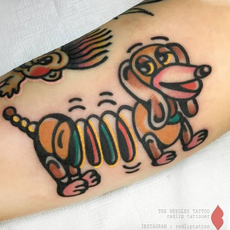 Traditional Weenie Dog Tattoo, Toy Story Traditional Tattoo, Crazy Traditional Tattoo, Patch Work Traditional Tattoo, Cartoon Inspired Tattoos, Old School Disney Tattoo, Slinky Dog Tattoo, Disney American Traditional Tattoo, American Traditional Disney Tattoo