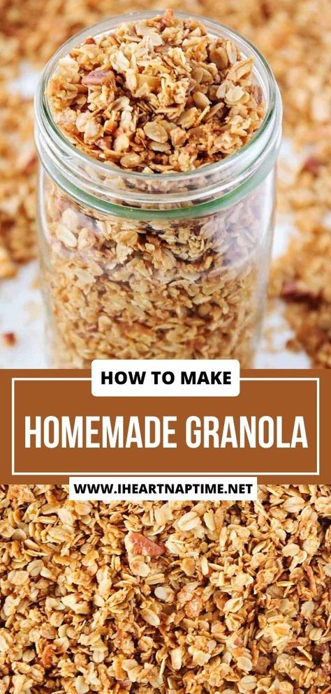 This is the ultimate homemade granola recipe. Made with simple pantry staples like oats, honey, coconut, pecans, and spices, it’s ideal for snacking, breakfast, or dessert. Follow the foolproof instructions to make homemade granola with your favorite mix-ins. How Do You Make Granola, Homemade Granola Honey, Granola Made With Honey, Quick Oats Snack Recipes, Honey Oats Granola, Granola Recipe Honey, Granola Crumble Recipe, Coconut Chia Granola Recipe, Homemade Vanilla Granola