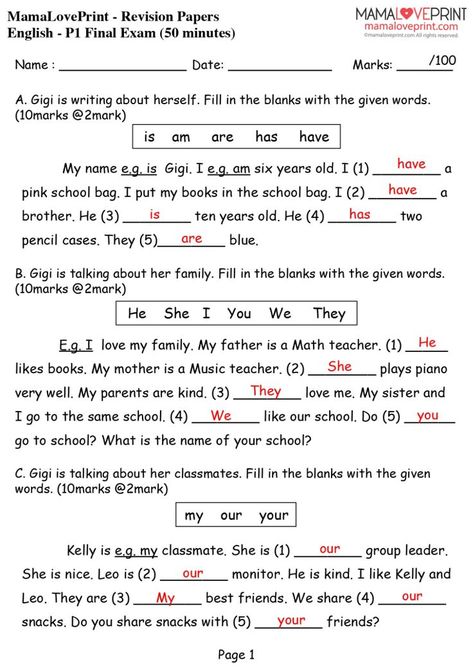 MamaLovePrint . Grade 1 English Worksheets . General English Revision Paper (1) with Answers PDF Free Download Grade 1 English Worksheets, English Exam Papers, English Past Papers, English Revision, 2nd Grade Reading Comprehension, General English, Study Planner Printable, English Exam, English For Beginners