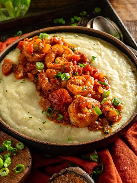 New Orleans Shrimp And Grits, New Orleans Shrimp, Grits Recipes, Louisiana Shrimp, Louisiana Chicken, Louisiana Gumbo, Shrimp Stock, Corn Bisque, Louisiana Dishes