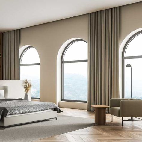 Slim Windows Vertical, Arch Window Curtains, High Ceiling Curtains, Ceiling Mounted Curtains, Curtains For Arched Windows, High Curtains, Floor To Ceiling Curtains, Coast House, Hang Curtains