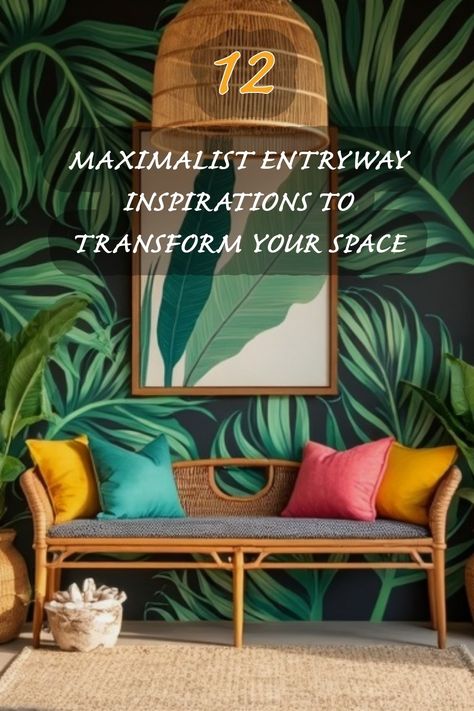 I absolutely love how this vibrant entryway invites guests with its lush greenery and playful accents! The mix of bold wall art and colorful cushions creates an inviting atmosphere that instantly elevates any space. If you're looking to add some life and personality to your home, consider these maximalist inspirations that transform an ordinary entry into a stunning first impression. Tropical Foyer Entryway, Vibrant Entryway, Entryway Colorful, Maximalist Entryway, Mudroom Ideas Entryway, Hollywood Regency Bedroom, Entryway Design Ideas, Bold Wall Art, Colorful Cushions