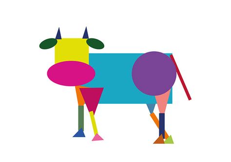 Animal Geometry on Behance Pennsylvania Dutch Art, Paper Animal Crafts, Shapes Lessons, Geometric Art Animal, Cow Craft, Circle Crafts, Canvas Art Projects, 2d Shapes, Paper Animals