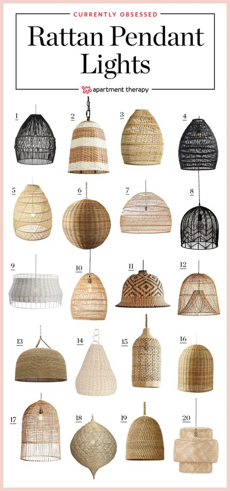 Rattan pendants are essentially upside down baskets (without handles) with a light in them, and we love them the same anyway. They add undeniable character due to their texture and handmade quality to a home. We love them in pairs over a kitchen island, on their own as a statement chandelier in a bedroom or living room. They give every space a boho aesthetic that is cool and chic. Kattokruunu Diy, Rattan Lampe, Kitchen Lighting Over Table, Rattan Pendant Lights, Wicker Pendant Light, Trendy Apartment, Statement Chandeliers, Rattan Pendant, Rattan Pendant Light