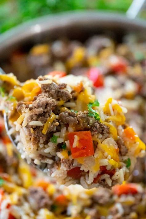 Beef Rice Skillet Recipes, Healthy Hamburger And Rice Recipes, Hamburger Rice Skillet Recipes, White Rice And Hamburger Recipes, Ground Beef Peppers Rice, Rice Beans And Ground Beef, One Pot Ground Beef And Rice, Ground Beef And Rice Dishes, Skillet Dinners With Ground Beef