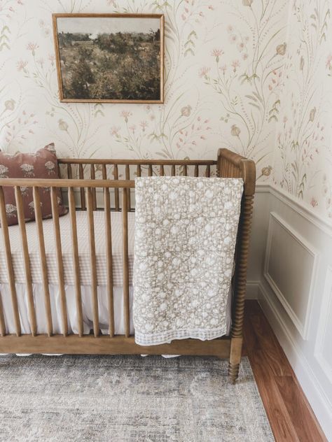 New England Style Nursery, Country Farmhouse Nursery, Vintage Floral Wallpaper Nursery, Vintage Crib Sheets, Vintage Chic Nursery, Antique Style Nursery, Vintage Wallpaper Nursery, Dark Wood Crib Nursery Girl, Vintage Cottage Core Nursery