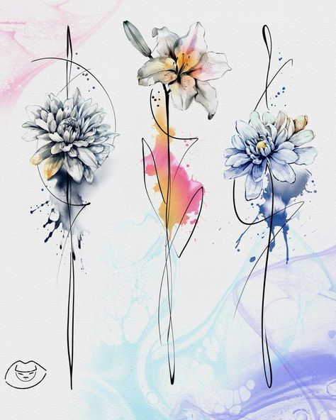 #tattoosforwomen #tattoo #tattooideasfemale #tattooidea #tattoosketches #flowers #flowertattoos Open Flower Tattoo, Best Feminine Tattoos, Watercolor Poppy Tattoo, Linear Tattoo, Geometric Watercolor Tattoo, Watercolor Tattoo Ideas, Tiny Flower Tattoos, Flower Shoulder Tattoo, Abstract Watercolor Flower