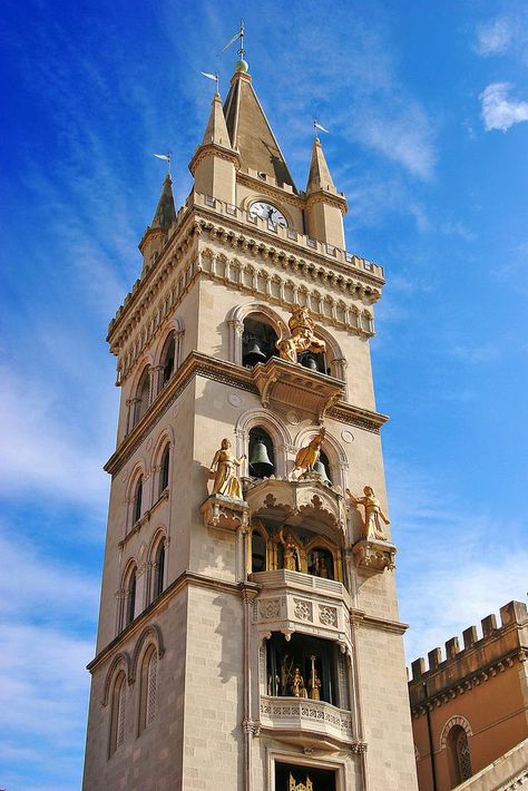 Bell Tower and Astronomical Clock - Messina, Sicily, Italy. The bell tower holds one of the largest astronomical clocks in the world, built in 1933 by the Ungerer Company of Strasbourg. The belfry's mechanically-animated statues, which illustrate events from the civil and religious history of the city every day at noon, are a popular tourist attraction. Messina Sicily, Astronomical Clock, Italian Pride, Italy Architecture, Aeolian Islands, World Street, Best Of Italy, Sorrento Italy, Capri Italy