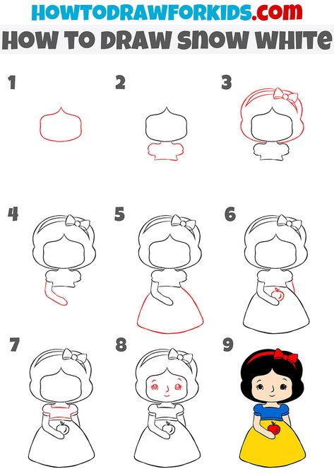 Snow White Cute Drawing, Snow White Doodle, How To Draw A Disney Princess, How To Draw Snow White Step By Step, How To Draw Snow White, Cute Princess Drawings Easy, How To Draw A Princess For Kids, Snow White Drawing Easy, How To Draw A Princess