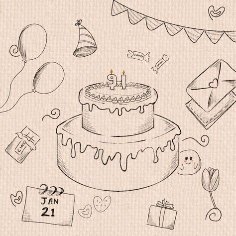 Ide Scrapbook Aesthetic, Birthday Cake Sketch, 2024 Journaling, Canva Project, Doodle Art Name, Ide Scrapbook, Birthday Pencils, Mirror Writing, Cake Sketch