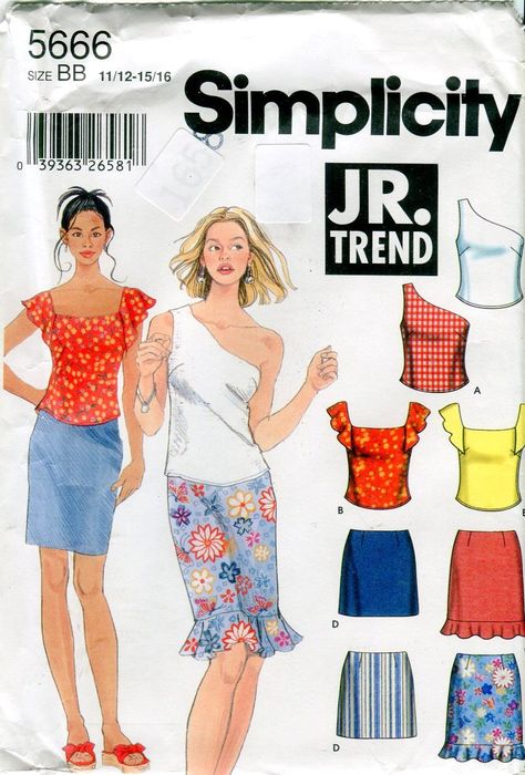 Simplicity 5666 Junior Tops and Skirts Sewing Pattern One Shoulder Flutter Sleeve Ruffle Hem Skirt Size 11/12  13/14  15/16 by PengyPatterns on Etsy Missy Dresses, 2000s Clothing, 2000s Clothes, Early 2000s Fashion, Sewing Patterns Girls, Butterick Sewing Pattern, Couture Mode, Skirt Patterns Sewing, Top Sewing Pattern