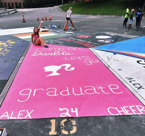 Parking Curb Painting High School, Parking Spot Painting High School Pink, Up Senior Parking Spot, Senior Square Painting, Monopoly Parking Spot Painting, Cheer Parking Spot Painting, Senior Parking Spot Album Cover, Pink Parking Spot Ideas, Getaway Car Parking Spot