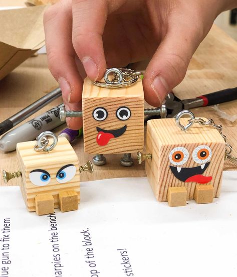 Fun wood craft for all ages! Get creative and build a set of crazy mini block heads. As keyrings, zip pulls or collectibles, these mini block heads will be a huge hit with kids of all ages. In this fun workshop you will craft three block heads to your own design, the possibilities are endless! Craft For All Ages, Gerobak Dorong, Button Projects, Woodworking Kits, Wood Projects For Kids, Group Crafts, Block Head, Wood Craft Projects, Diy Workshop