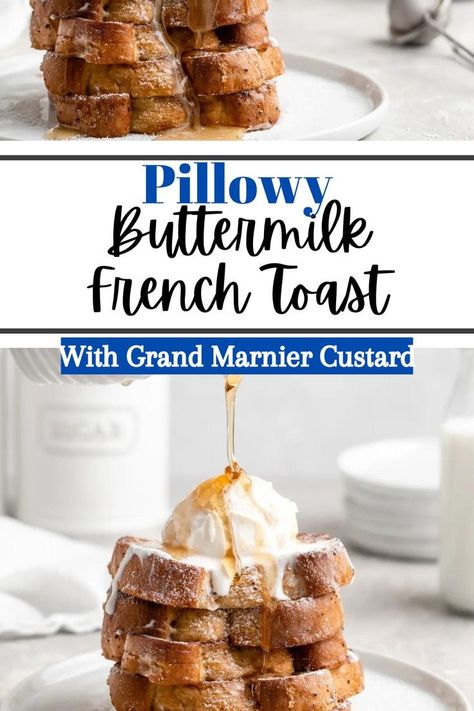 Thick pillowy pieces of French bread are soaked in a Grand Marnier infused buttermilk custard, then fried to golden perfection. The flavor profile of this Buttermilk French Toast is unique but also classic enough to bring back great feelings of nostalgia. Perfect for a filling brunch or a comforting weekend breakfast! Texas French Toast, Buttermilk Custard, Buttermilk French Toast, Stale Bread, Weekend Breakfast, Grand Marnier, French Toast Recipe, French Bread, Fresh Bread