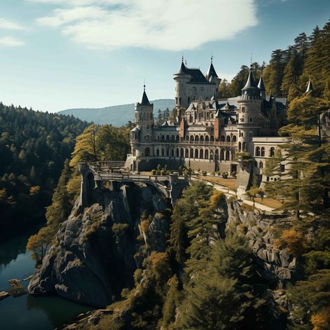 A castle in middle of the forest, hanging on a cliff by a river surrounded by hills. Sci Fi Castle, Castle In A Mountain, Castle On A Mountain, Castle In The Middle Of The Forest, Castle In The Woods, Castle Built Into Mountain, Mountain Castle, Cliff Castle, Forest Castle