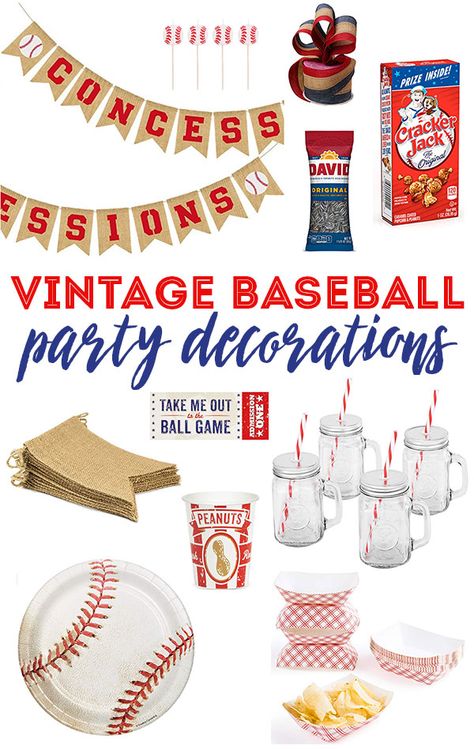 Baseball Party Decorations by Lindi Haws of Love The Day Rookie Of The Year First Birthday Outside, Diy Baseball Decor Parties Decorations, Baseball Party Food Table, Vintage Baseball 1st Birthday Party, Vintage Baseball Party Decorations, Rookie Year 1st Birthday Party, Second Birthday Baseball Theme, Baseball 4th Birthday Party, Vintage Baseball Birthday Party