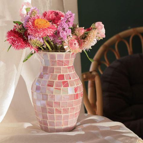 PRICES MAY VARY. 【SPECIFICATIONS】Mouth: 3.42", Bottle width: 5.43", High: 8", Weight: 1.56lbs. This pink vase is an ideal container for fresh flowers, use it to hold bouquets of flowers or display them on an entryway table as a stand-alone decorative piece. 【TRADITIONAL HANDMADE】Flower vase is made of thick glass, and all the mosaics on the bottle body are pasted by hand and will not fade. Please do not clean the surface directly with water, it is better to wipe the floating dust with a wrung-ou Pink Glass Vase, Mosaic Vase, Flower Vases Decoration, Pink Vase, Handmade Mosaic, Elegant Color, Handmade Modern, Pink Decor, Beautiful Vase