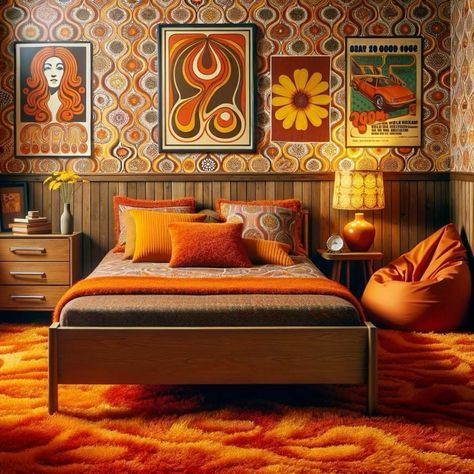 Small Bedroom Men, 70s Inspired Bedroom, Groovy Bedroom, 70s Bedroom, 70s Room, 70s Living Room, Bedroom Ideas For Small Rooms, Fall Bedroom Ideas, Small Guest Bedroom