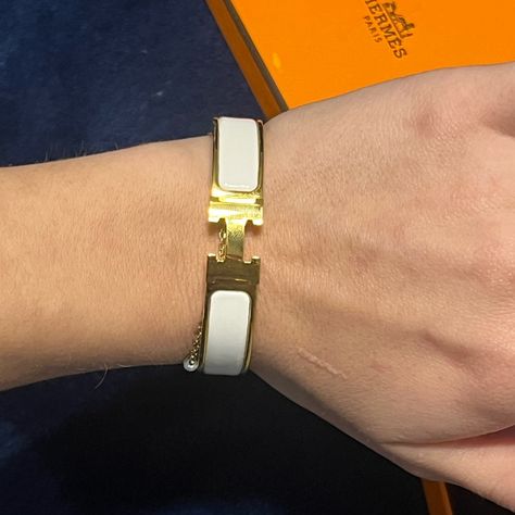 The Iconic Clic H Bracelet In White/Gold. Never Worn. New. Size: Pm Hermes Gold Bracelet, Hermes Bracelets, Hermes Clip Bracelet, Hermes Bracelet White Gold, Hermes H Bracelet, Hermes Behapi Bracelet, H Bracelet, Stacked Bracelets, Hermes Bracelet