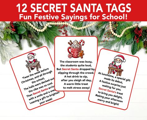 Secret Santa Gift Tags Printable, Secret Santa Poem Tags, Secret Santa School Questionnaire, Work Gifts,  Secret Santa Co-worker tags Secret Santa Card Ideas Diy, Secret Santa Daily Gift Ideas, Secret Santa Sayings Note, Funny Secret Santa Messages, Cute Secret Santa Notes, Secret Santa Sayings For Coworkers, Secret Santa Notes Ideas, Secret Santa Poems For Coworkers, Secret Santa Tags Free Printable