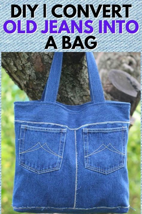 DIY Convert Old Jeans into a BAG #jeansbagdiy #jeansbagdiyfreepattern #jeansbagdiyhowtomake Jean Hacks, Old Jeans Projects, Diy Jeans Bag Tutorial, Sustainable Crafts, Diy Jean Bag, Diy Bags Jeans, Bag From Old Jeans, Recycled Denim Bags, Jean Bag