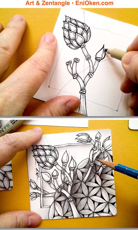 Zentangle Leaf Patterns, Zentangle Plants, Floral Tangles, Flower Zentangle, Tangled Art, Doodling Tutorial, Stencil Letters, Eni Oken, Zentangle Flowers