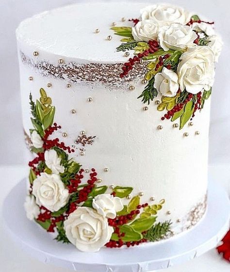 Pointsetta Cake, December Birthday Cake Ideas, Decorated Christmas Cakes, December Birthday Cake, Birthday Cake Ideas For Women, Cake Ideas For Women, Holiday Cake Designs, Cake Backdrop, Xmas Cakes