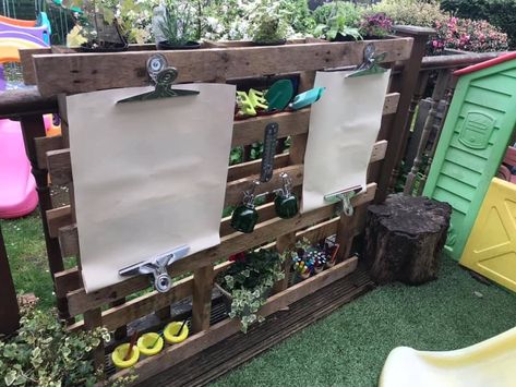 Childcare Garden Ideas, Outdoor Play Pallet Ideas, Eyfs Outdoor Writing Area, Preschool Outdoor Art Area, Montessori Outdoor Play Diy, Outside Classroom Ideas Outdoor Spaces, Reception Outdoor Area Eyfs, Outdoor Creative Area Eyfs, Preschool Garden Ideas Outdoor Classroom