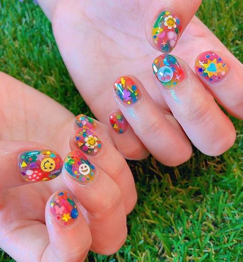 Hobicore Aesthetic, Vibey Nails, Kidcore Nails, Nail Tattoos, Funky Nail Art, Summer Fairy, Hippie Nails, Happy Nails, Really Cute Nails