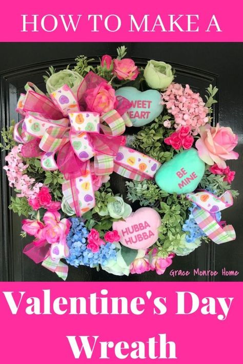 How to Make a Valentine's Day Wreath with the cutest Conversation Candy hearts! Conversation Heart Wreath Diy, Valentine’s Day Wreath Diy, Diy Large Conversation Hearts, Diy Conversation Hearts Decorations, Grape Vine Valentines Wreath, Heart Wreath Diy, Heart Wreaths, Wreath Making Tutorials, Vintage Valentine Crafts