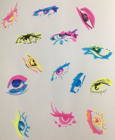 Doodles With Highlighters, How To Draw With Highlighters, Highliter Drawing, Eye Doodles, Highlighter Tips, Highlighter Art, Markers Drawing Ideas, Markers Drawing, Pen Doodles