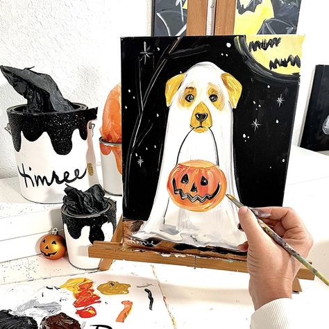 Halloween Canvas Paintings, Halloween Canvas Art, Fall Canvas Painting, Acrylic Painting Ideas, Canvas Art Projects, Ghost Dog, Cute Canvas Paintings, Canvas Painting Designs, Halloween Painting