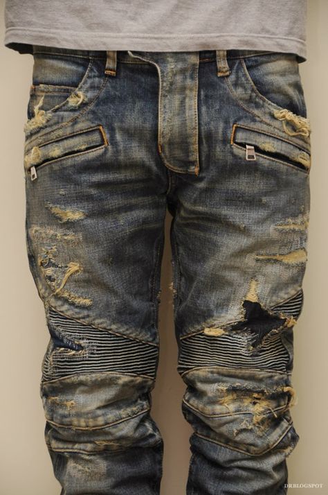 Destroyed Balmain Biker Jeans Balmain Biker Jeans, Biker Jeans Men, Biker Denim, Denim Men, Bike Wear, Denim Ideas, Biker Jeans, Love Jeans, Hot Jeans