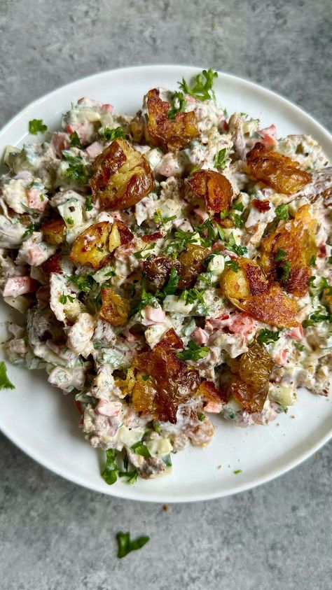 CRISPY SMASHED POTATO SALAD WITH BOURSIN CREAM! Literally one of the best potato salads I have made—thanks for the inspo @dr.vegan 🙏 • For … | Instagram Boursin Potato Salad, Potato Salad Aesthetic, Crispy Potato Salad, Hot Potato Salad Recipe, Cold Potato Salad, Savory Potato Salad, Baby Gold Potatoes, Smashed Potato Salad, Dr Vegan